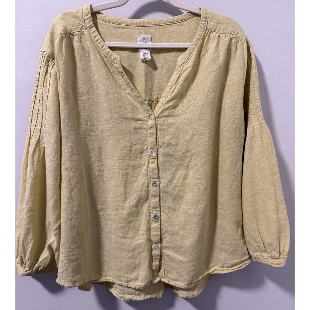 Joie Linen Blend Blouse Yellow XL Button Front Peasant Poetic Top Boho Lagenlook